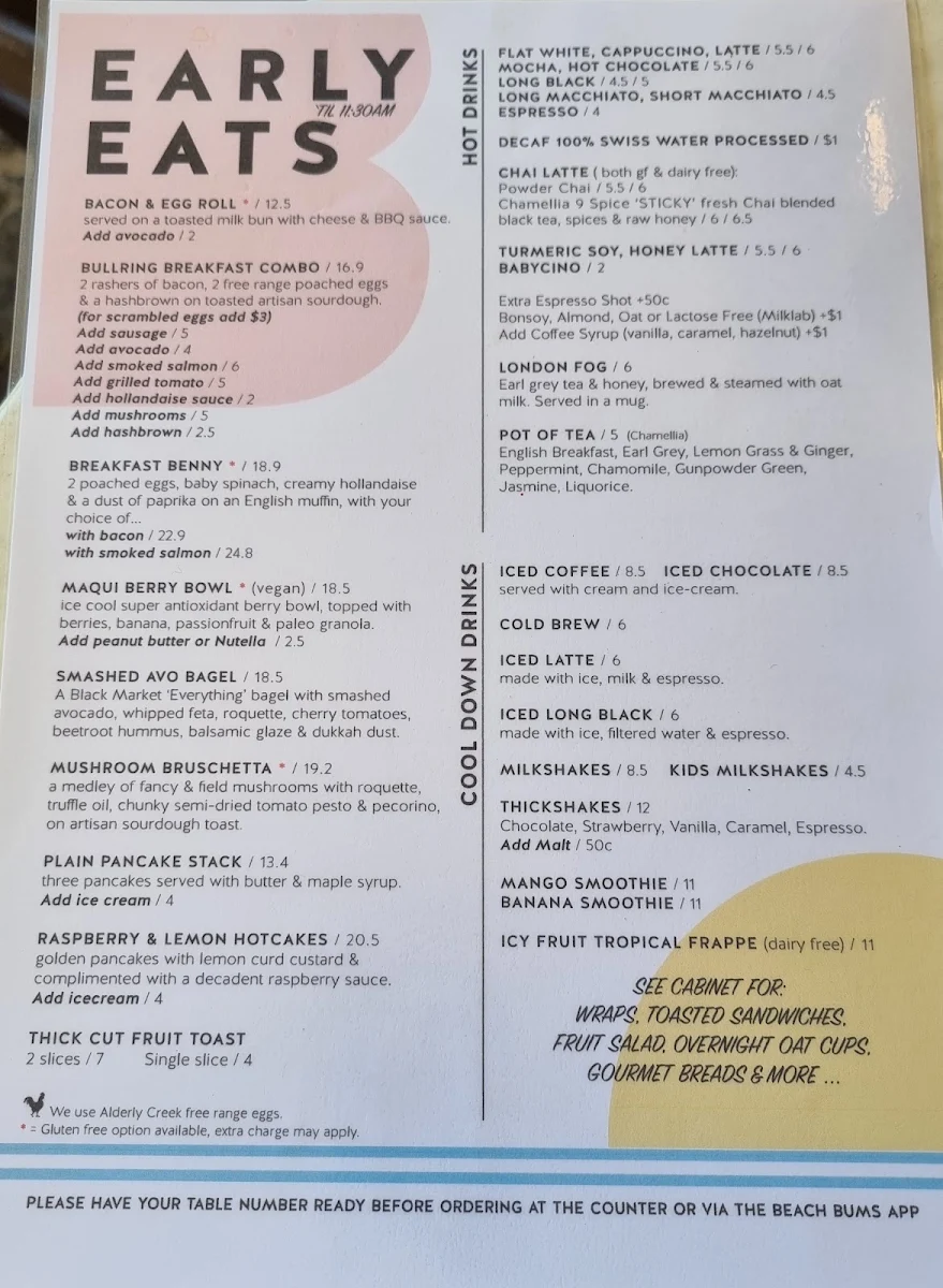 Menu, Beach Bums Cafe