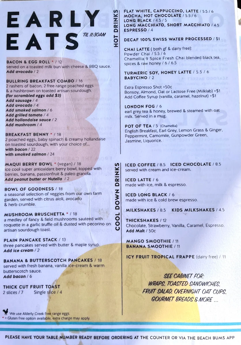 Menu, Beach Bums Cafe