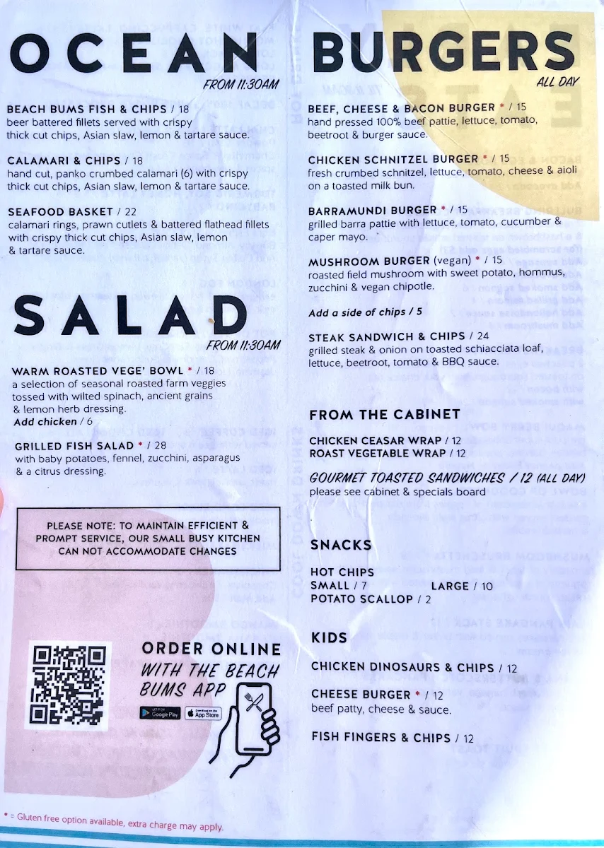 Menu, Beach Bums Cafe