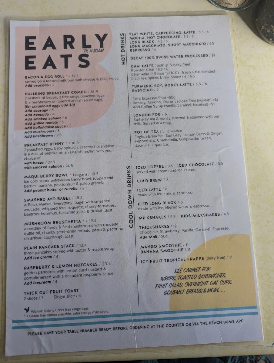 Menu, Beach Bums Cafe