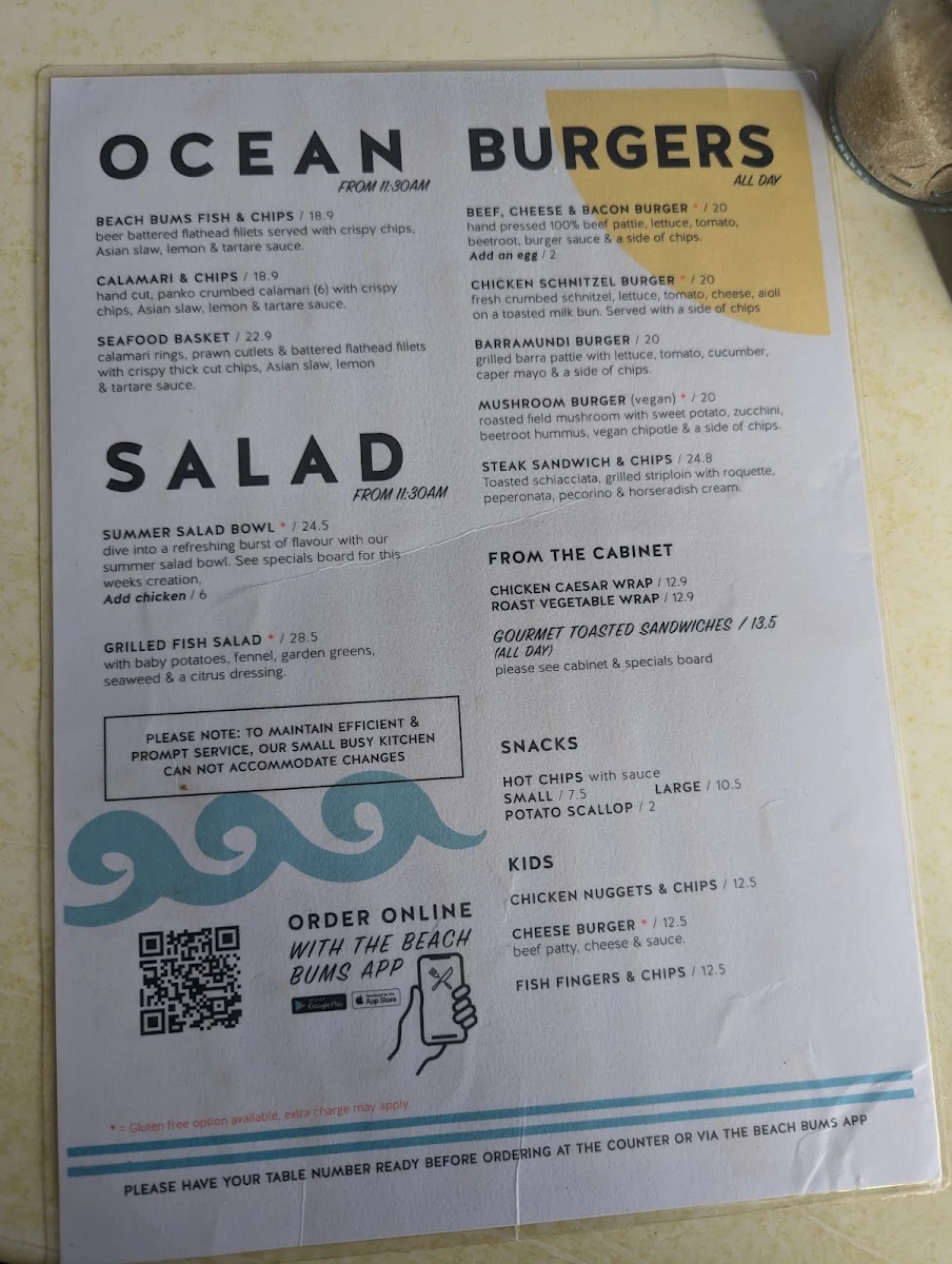 Menu, Beach Bums Cafe
