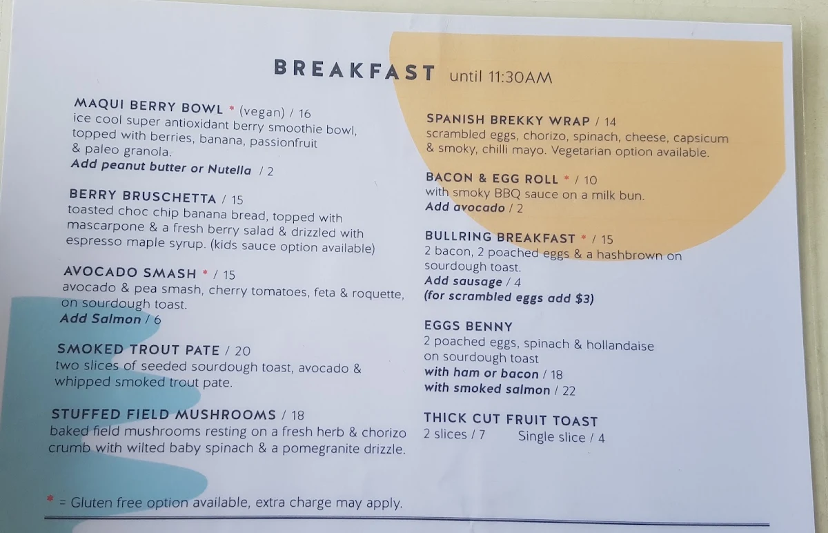 Menu, Beach Bums Cafe