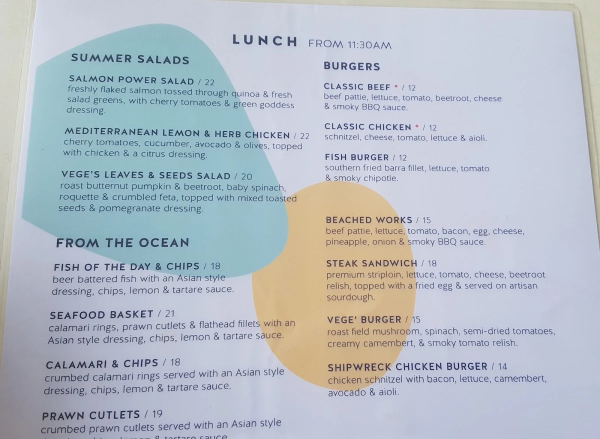 Menu, Beach Bums Cafe