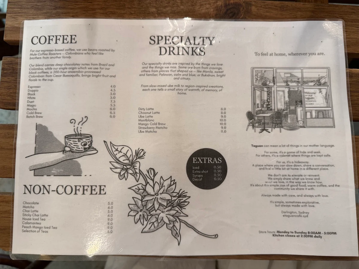 Menu, Taguan Cafe