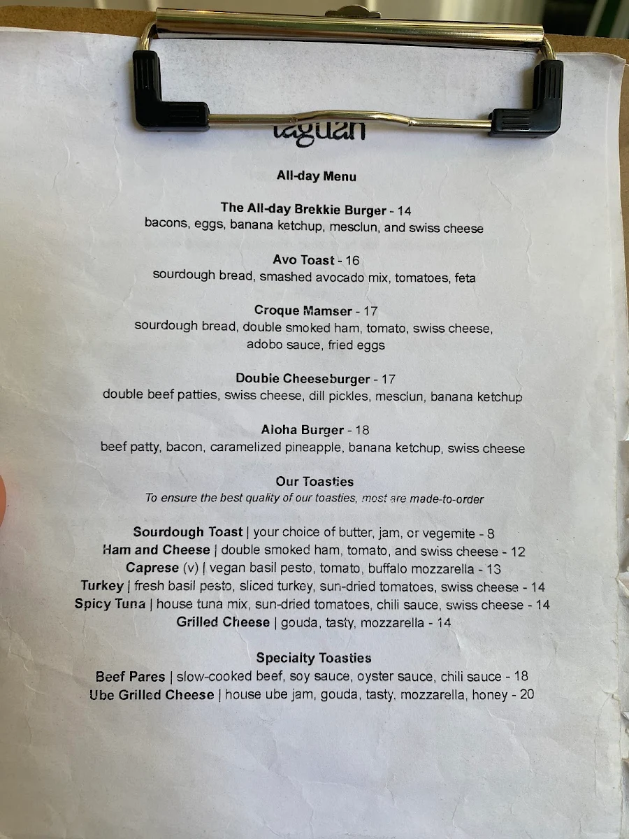 Menu, Taguan Cafe