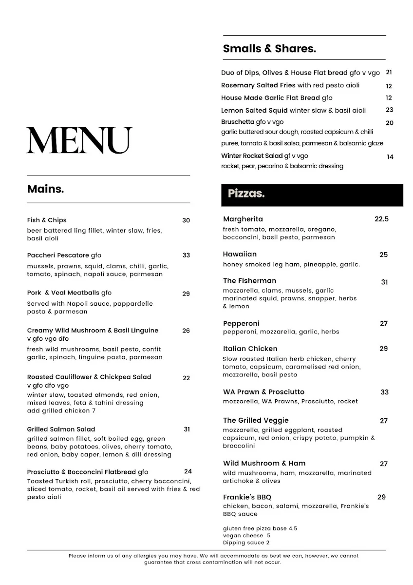 Menu, Frankie's on Rotto