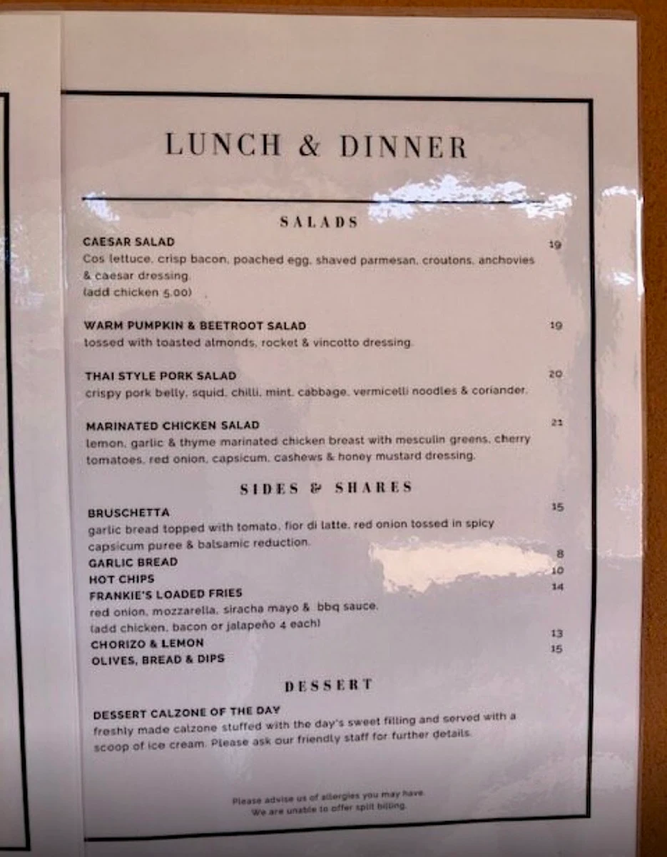 Menu, Frankie's on Rotto