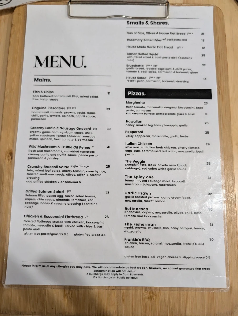 Menu, Frankie's on Rotto