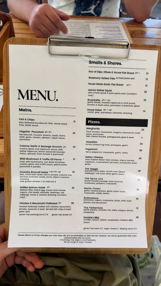 Menu, Frankie's on Rotto