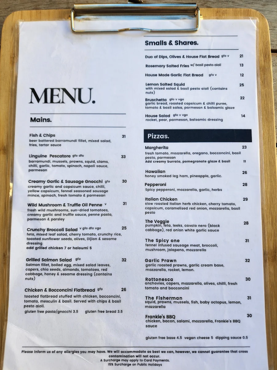Menu, Frankie's on Rotto
