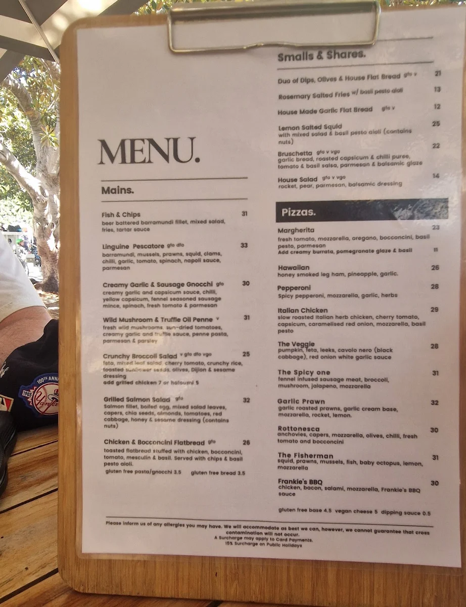 Menu, Frankie's on Rotto