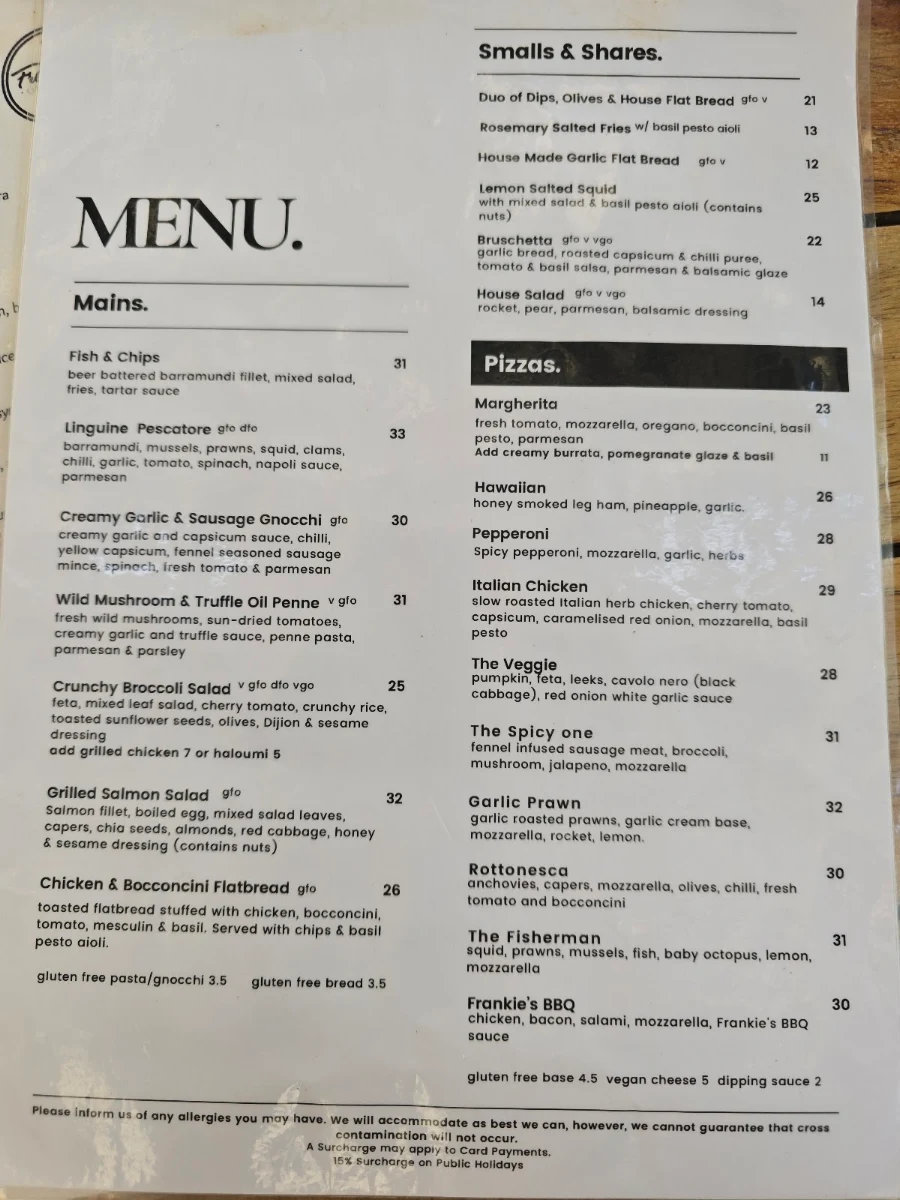 Menu, Frankie's on Rotto