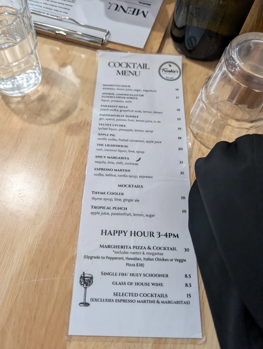 Menu, Frankie's on Rotto