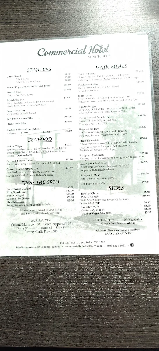 Menu, Commercial Hotel