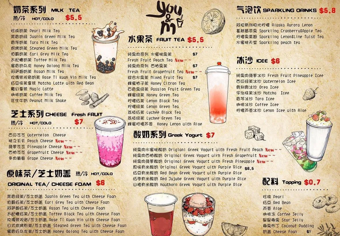 Menu, you & m Tea Shop