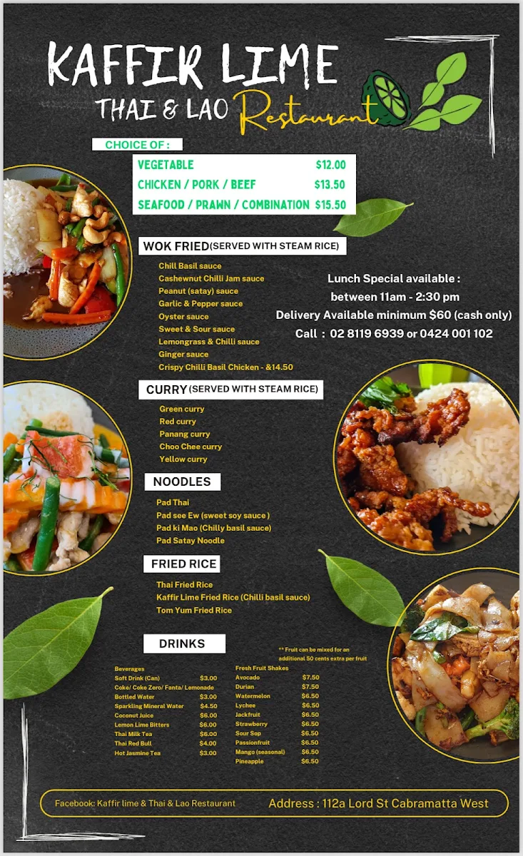 Menu, Kaffir Lime Thai & Lao Cuisine