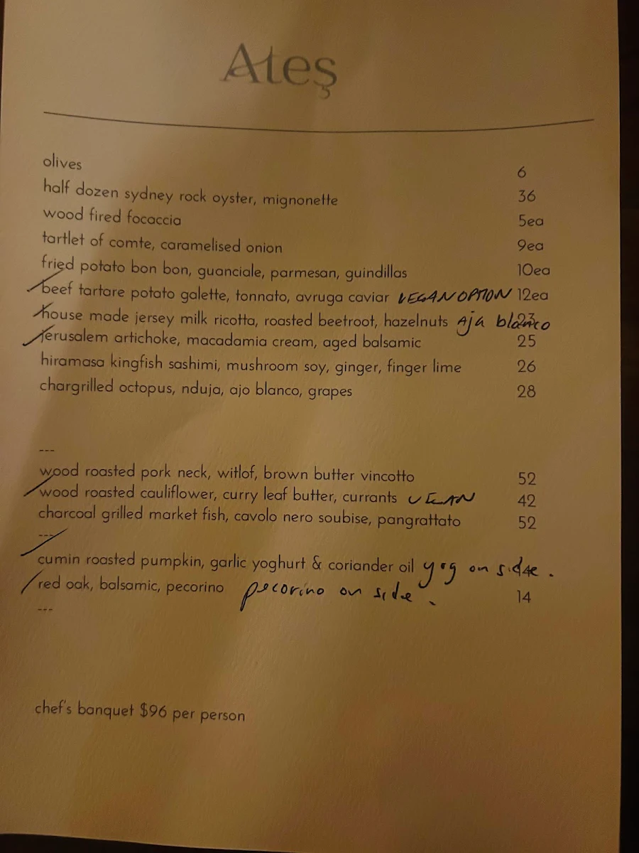 Menu, Ates Blackheath
