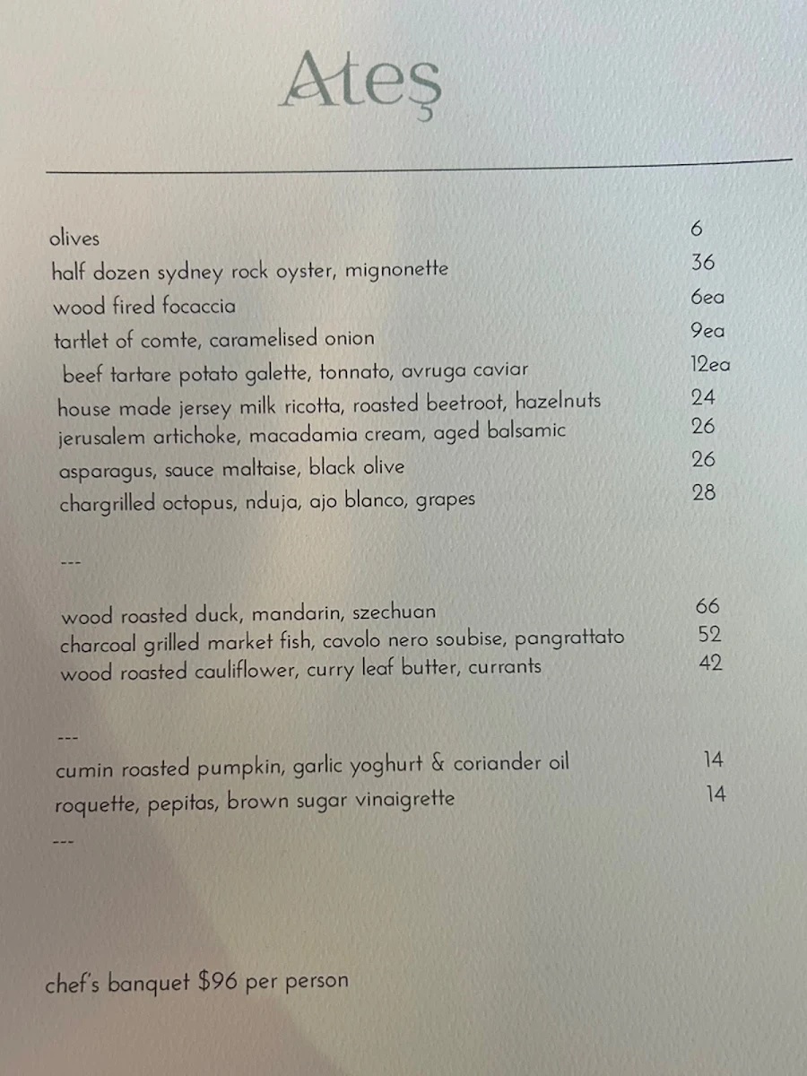 Menu, Ates Blackheath