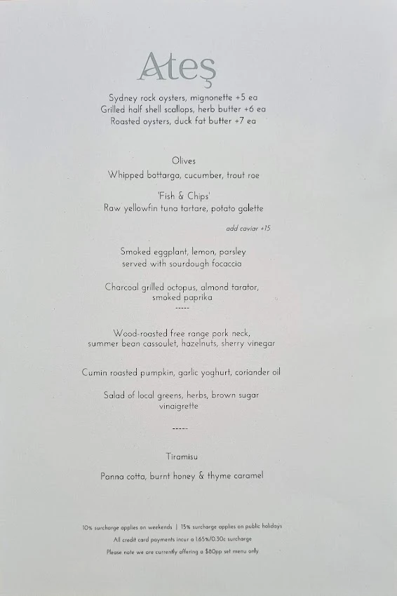Menu, Ates Blackheath
