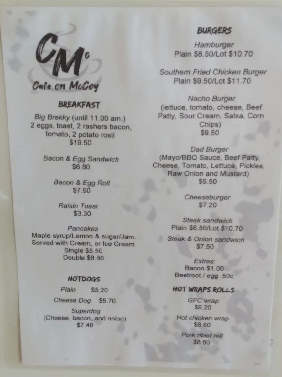 Menu, Cafe On McCoy