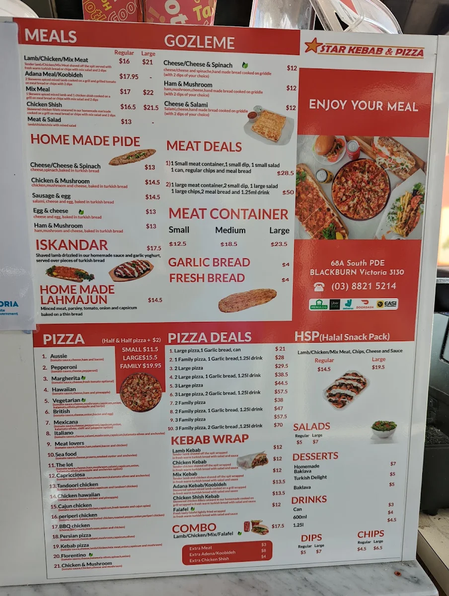 Menu, Star Kebab & Pizza