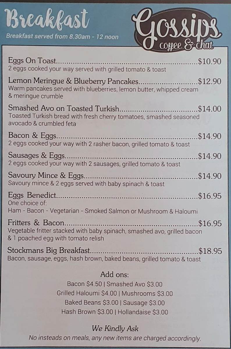 Menu, Gossips Coffee & Chat