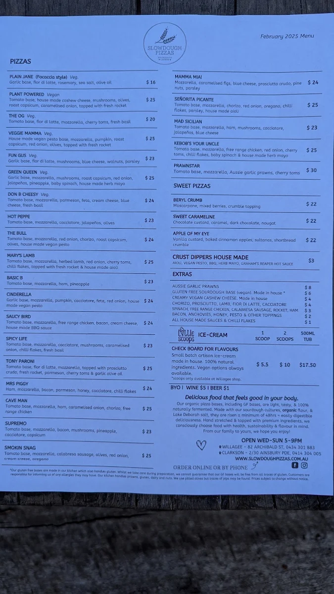 Menu, Slowdough Pizzas CLARKSON