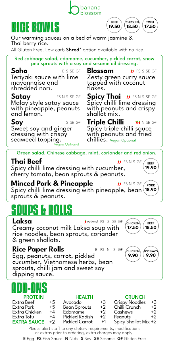 Menu, Banana Blossom St Leonards