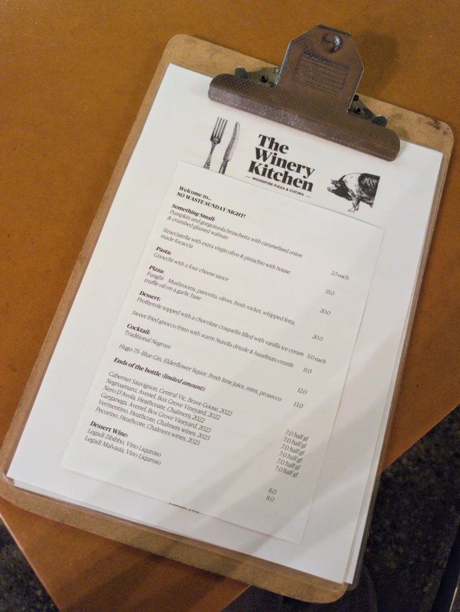 Menu, The Winery Kitchen