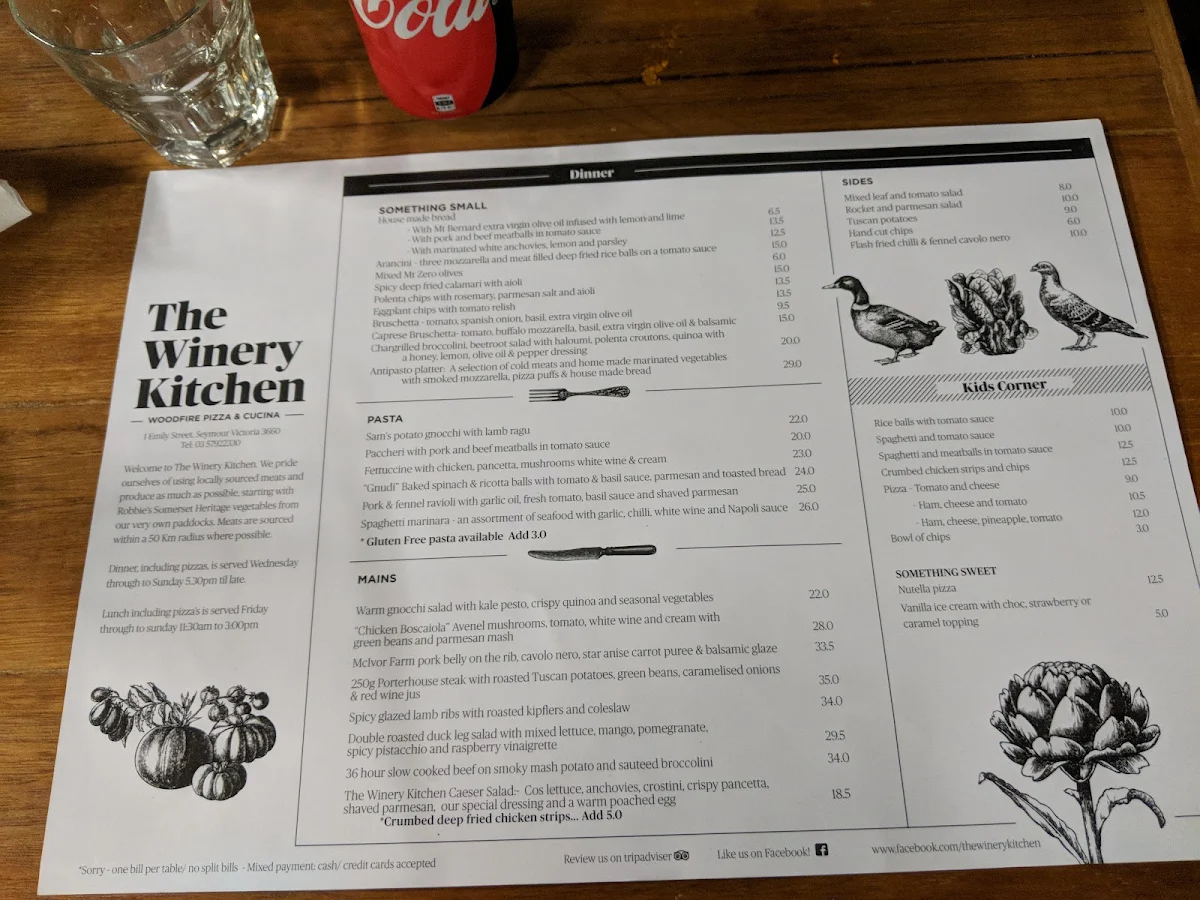 Menu, The Winery Kitchen