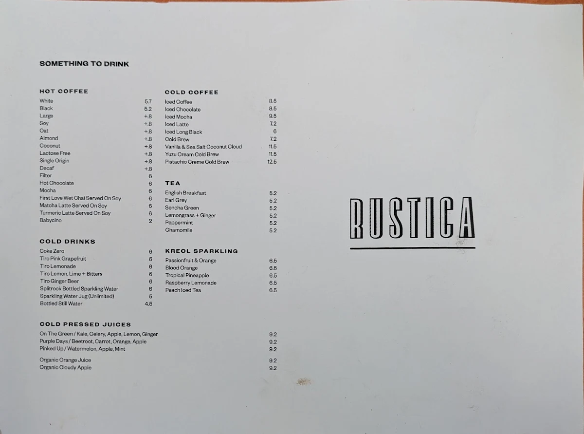 Menu, Rustica Highpoint