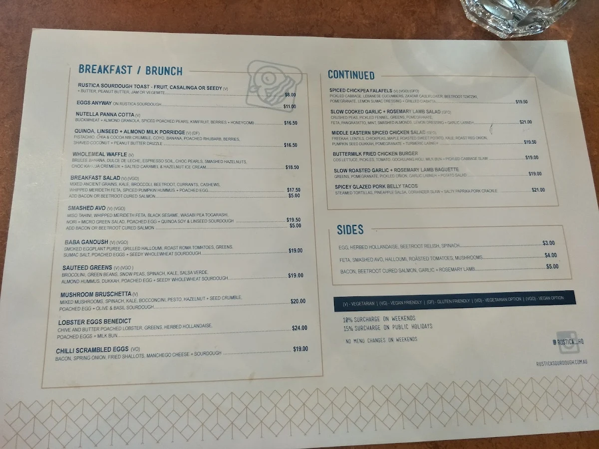 Menu, Rustica Highpoint