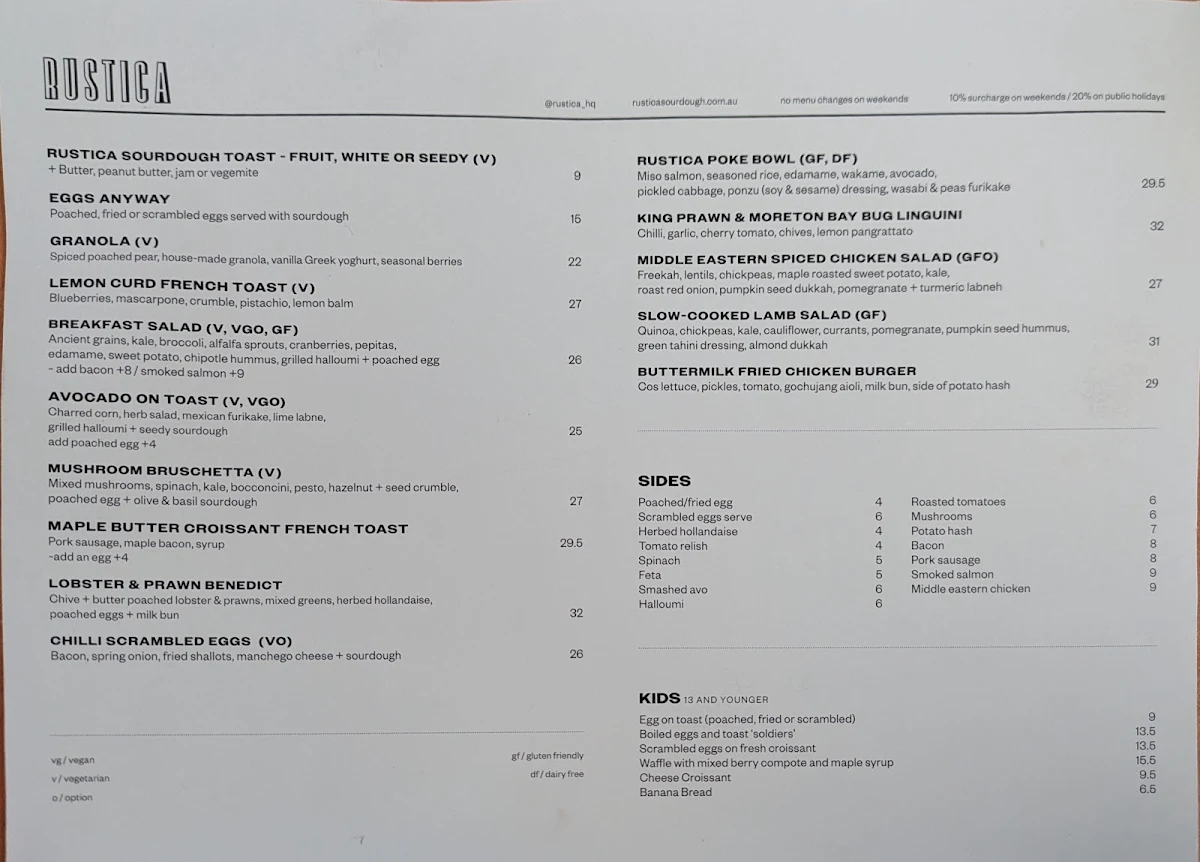 Menu, Rustica Highpoint