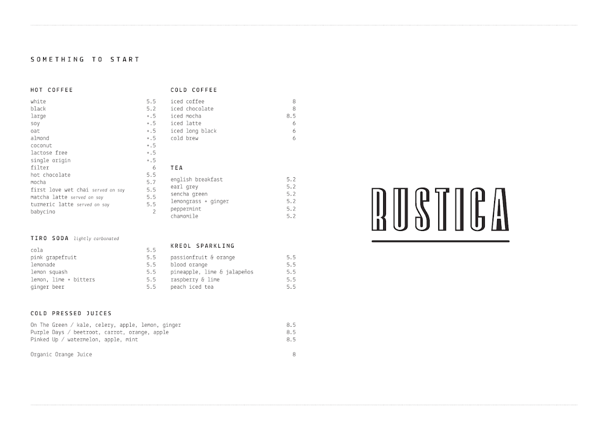 Menu, Rustica Highpoint