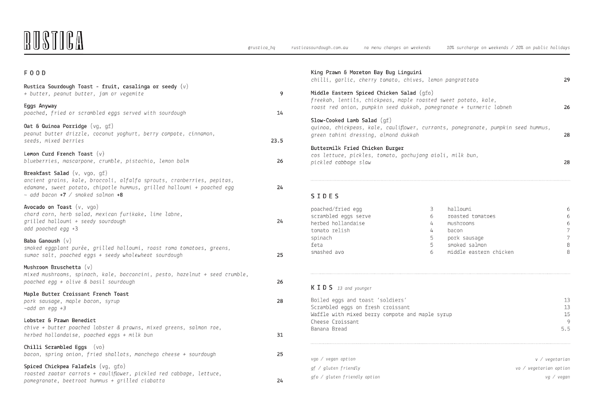 Menu, Rustica Highpoint