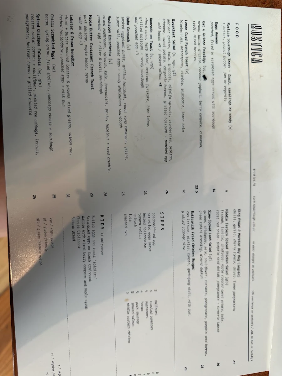 Menu, Rustica Highpoint