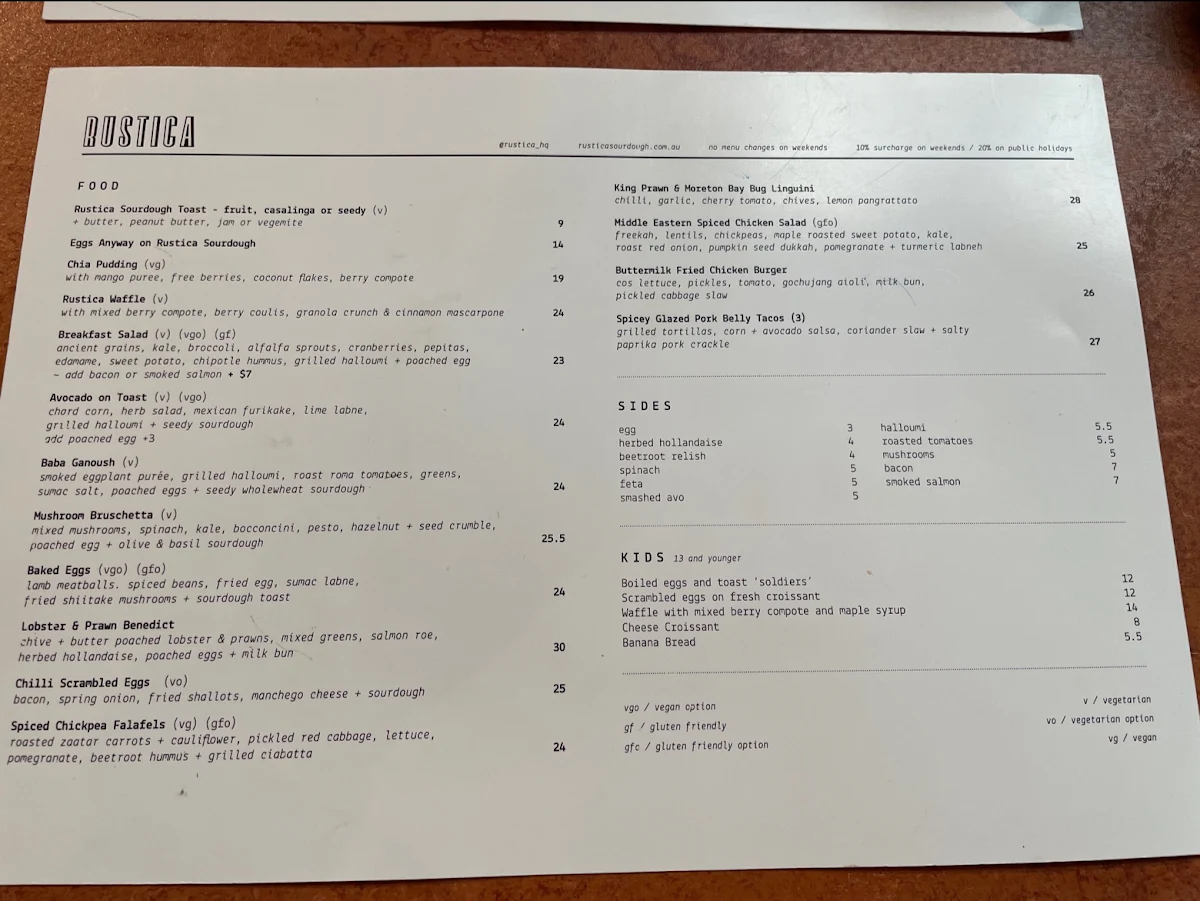 Menu, Rustica Highpoint