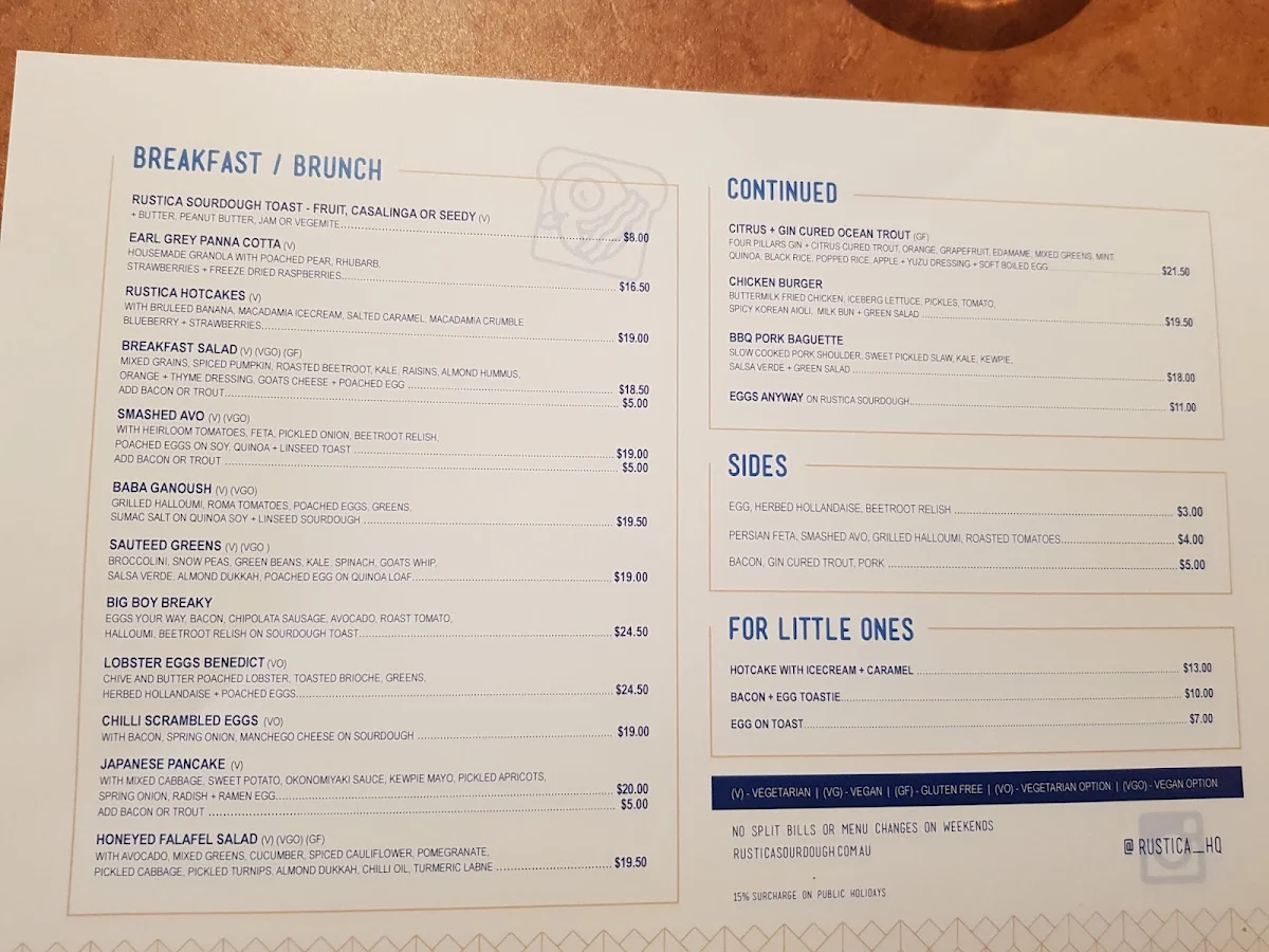 Menu, Rustica Highpoint