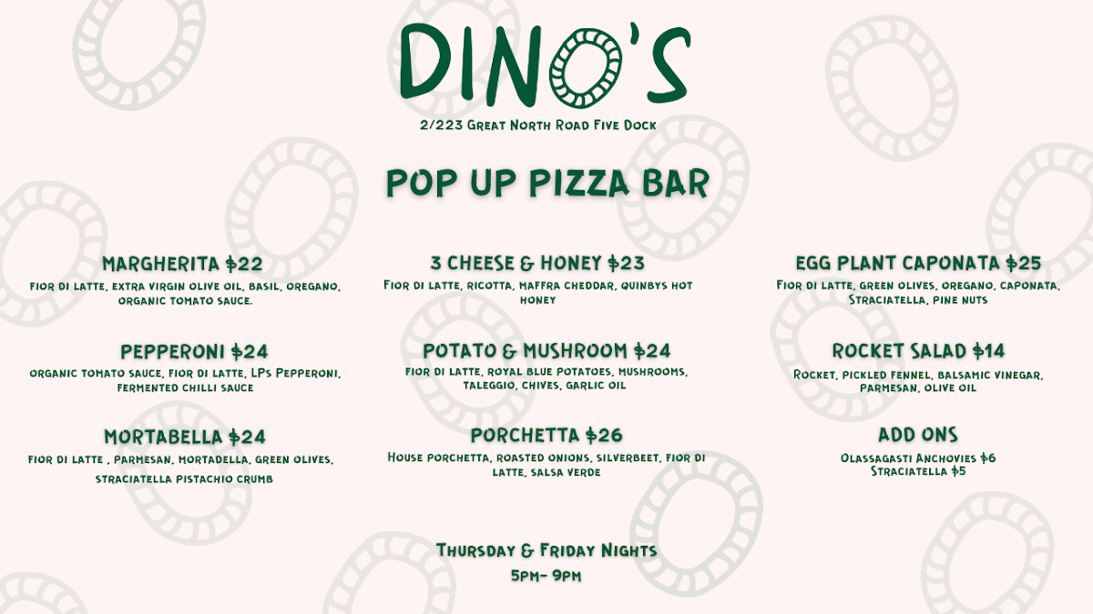 Menu, Dino’s Five Dock
