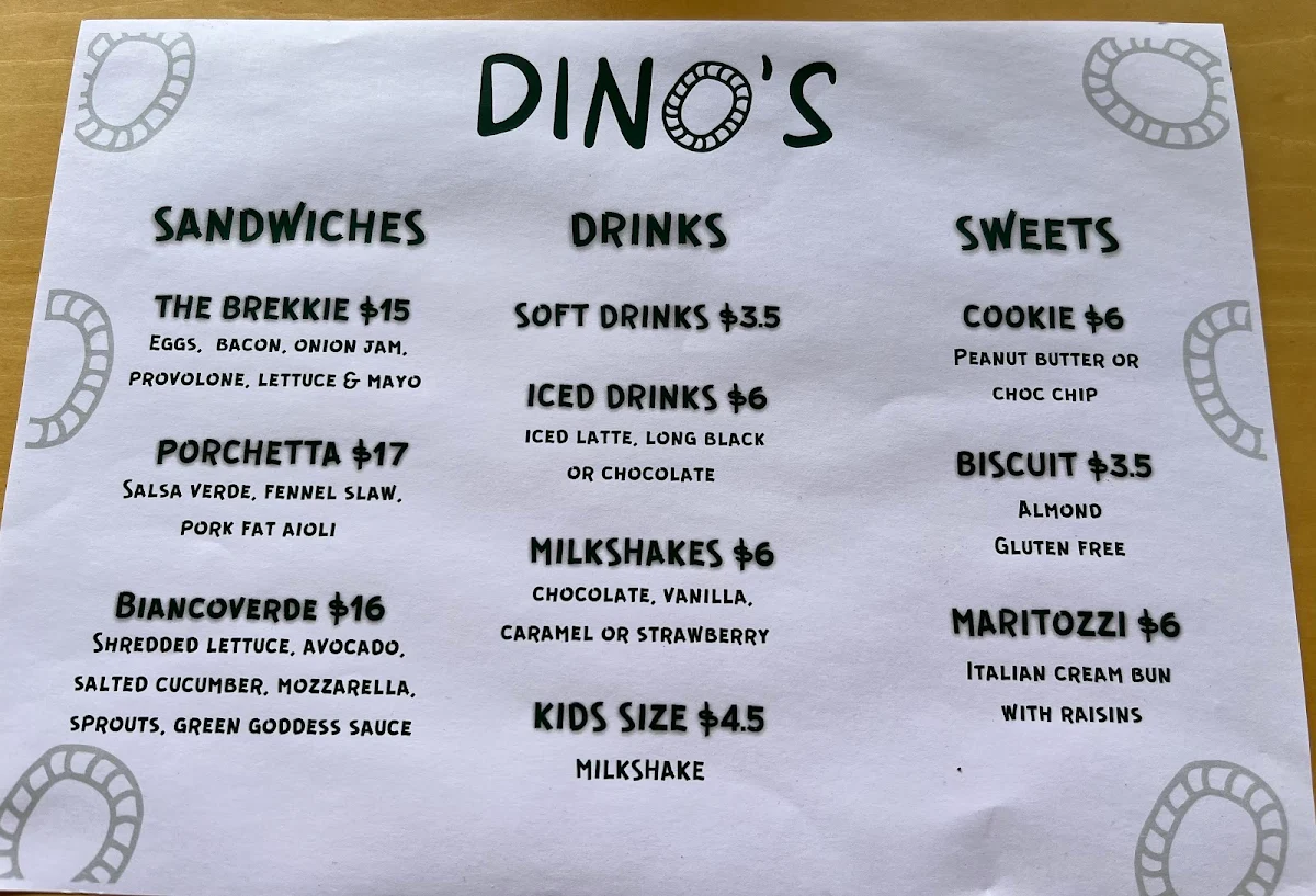 Menu, Dino’s Five Dock