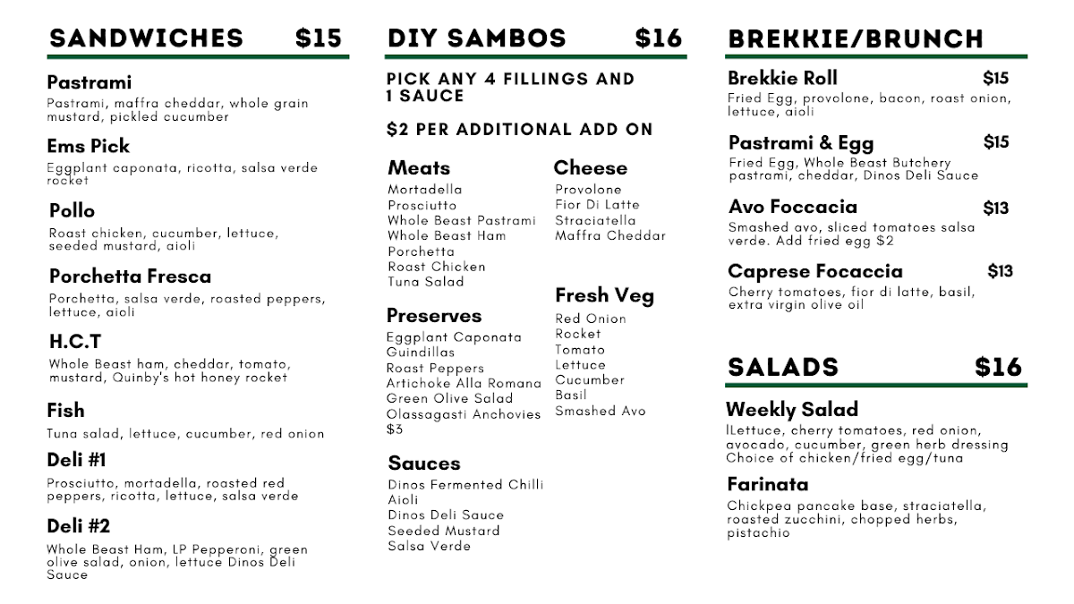 Menu, Dino’s Five Dock