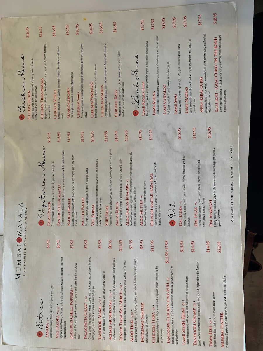 Menu, Mumbai Masala Indian Restaurant
