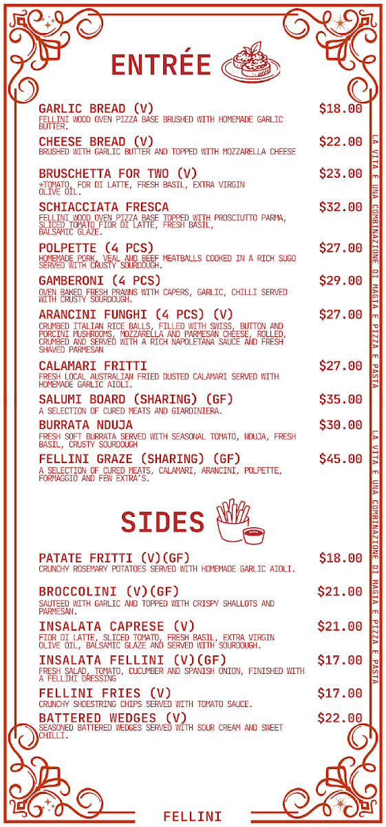 Menu, Café Fellini