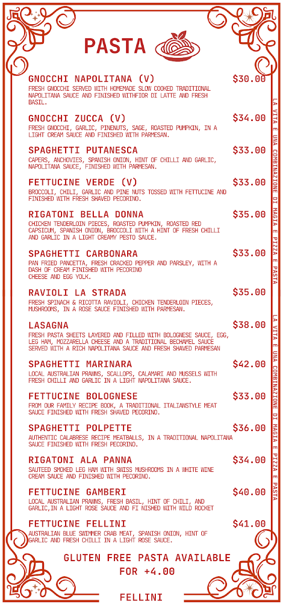 Menu, Café Fellini
