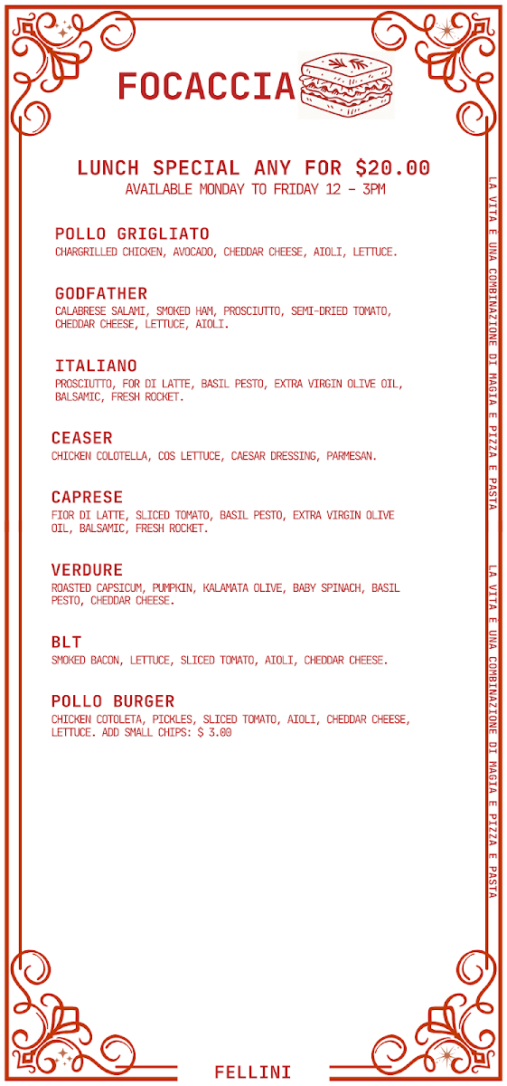 Menu, Café Fellini