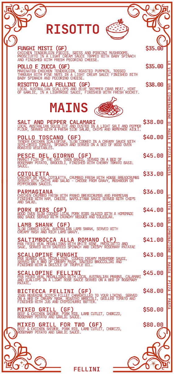 Menu, Café Fellini