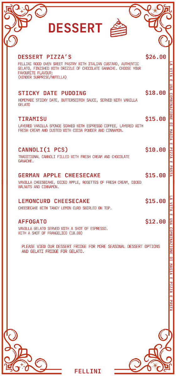Menu, Café Fellini