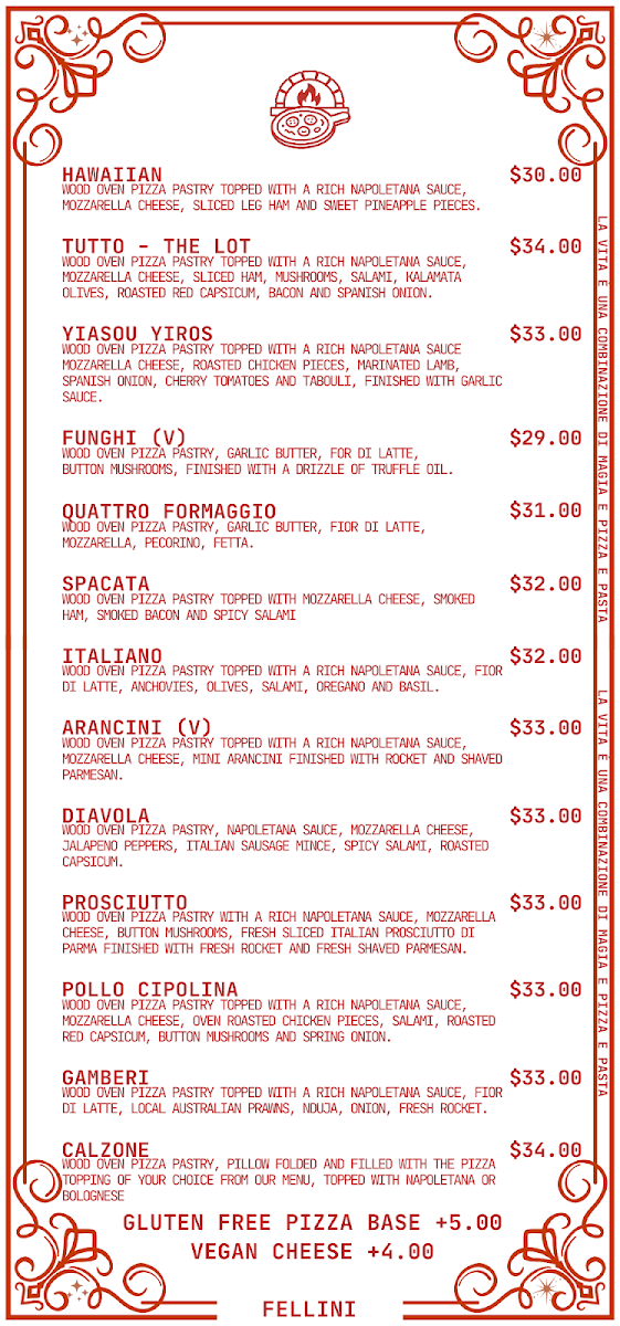 Menu, Café Fellini