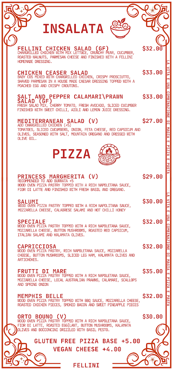 Menu, Café Fellini