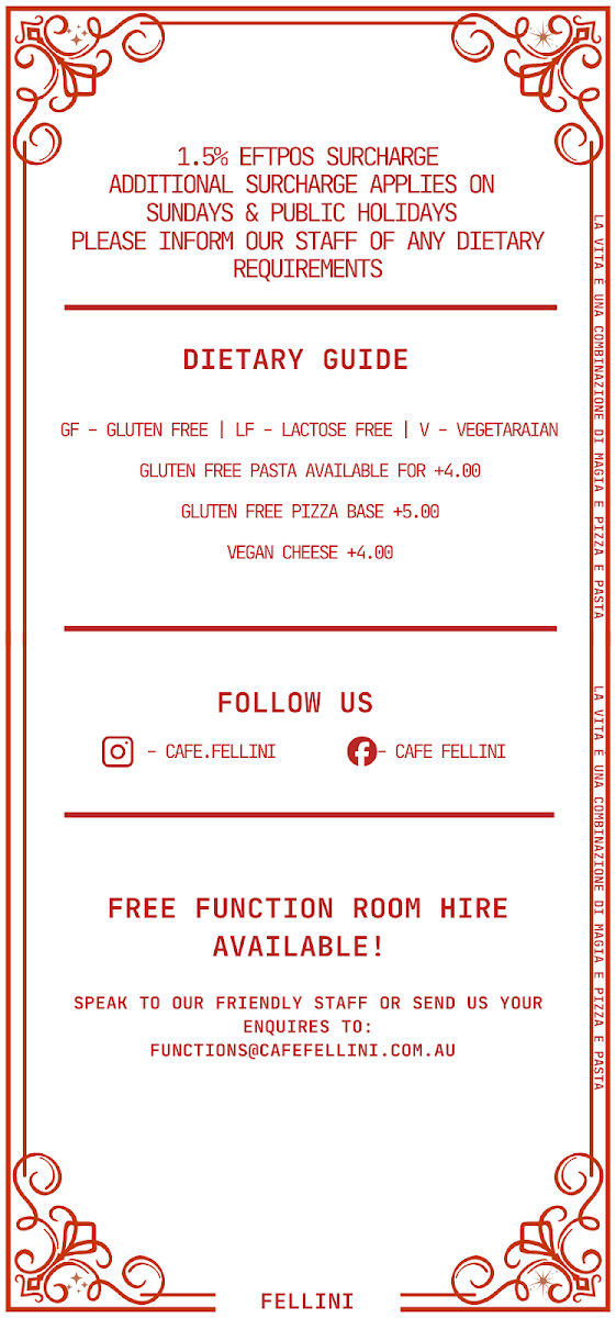 Menu, Café Fellini
